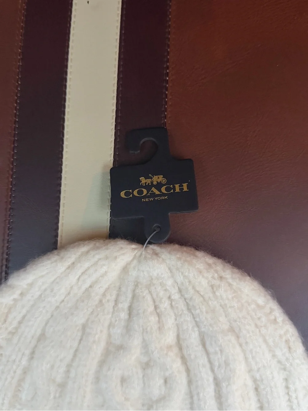 Coach Cable Knit Beanie Hat in Chalk